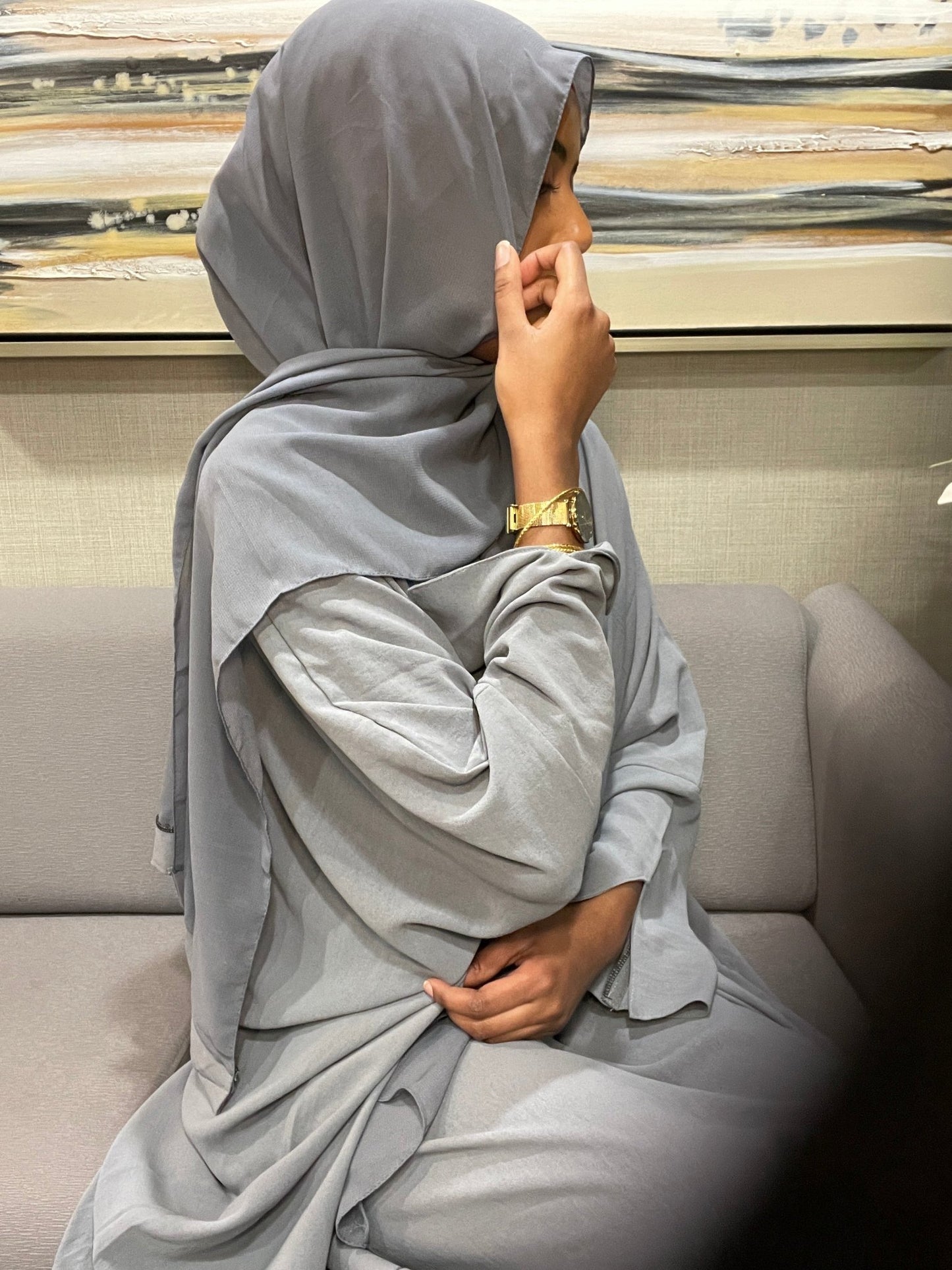 Blue Grey Soft Linen Abaya Set