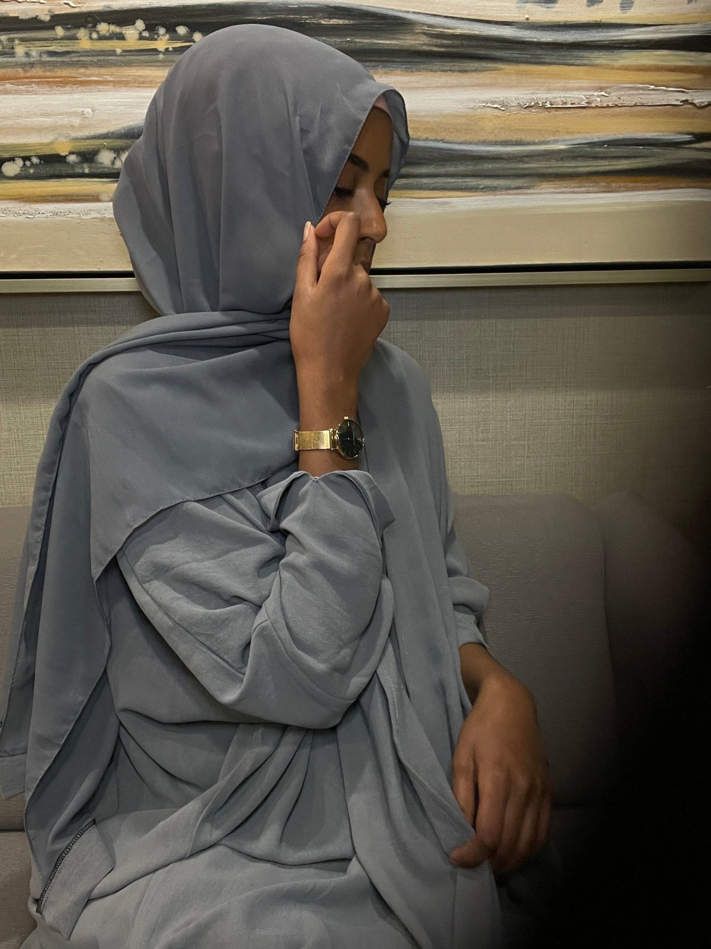 Blue Grey Soft Linen Abaya Set