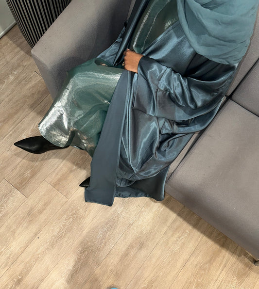 blue open satin organza abaya set modest dress