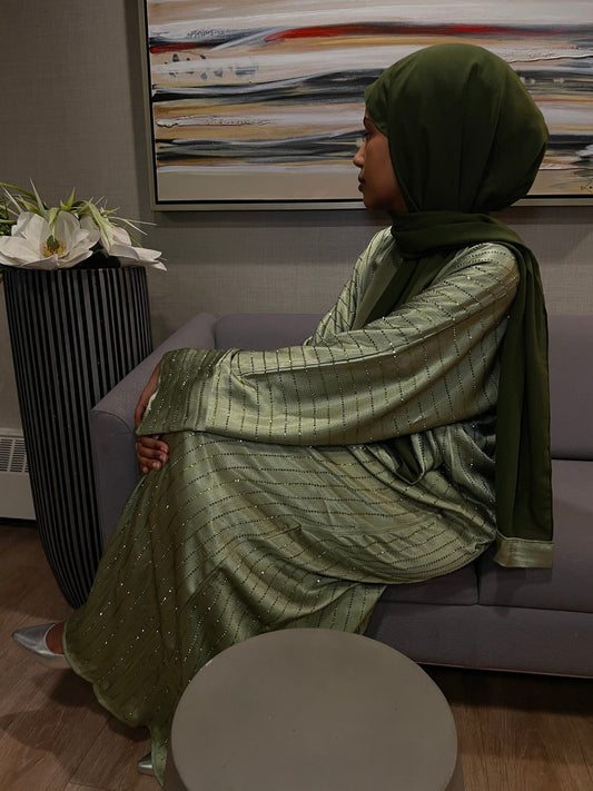 Pistachio Sparkle Abaya Set (Double sided jems)